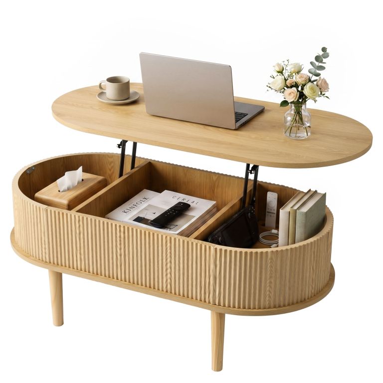 Modern wooden lift-top coffee table with laptop