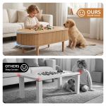 Child playing at rounded coffee table with puppy