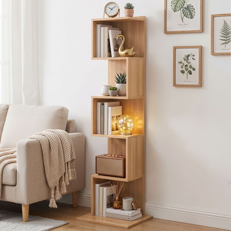 furni n ds 5t wd 00.jpg Wooden corner shelf with decor and lamp
