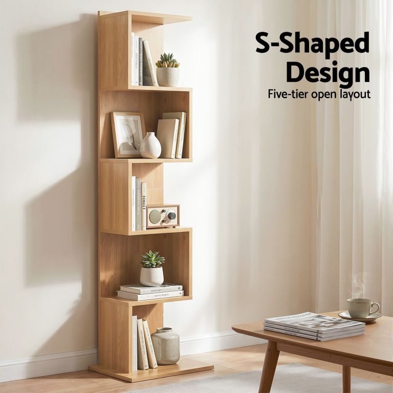 artiss 5 tiers bookshelf s shaped bookcase oak S-shaped wooden five-tier bookshelf with decor