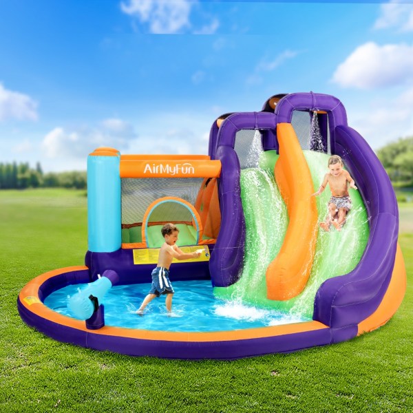 airmyfun inflatable water slide kids jumping trampoline castle double slide Kids playing on inflatable backyard water slide
