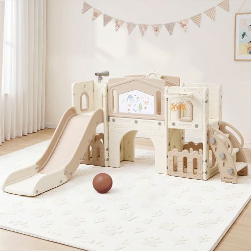 kps slide board be 00.jpg Neutral-toned indoor kids playset with slide and hoop