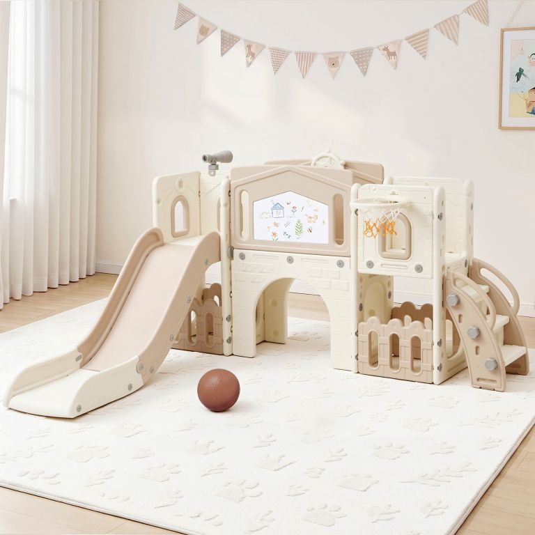 kps slide board be 00.jpg Neutral-toned indoor kids playset with slide and hoop