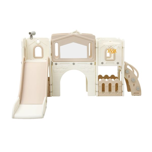 keezi kids slide set toddler indoor playset with drawing board beige Children's beige plastic playset with slide and hoop