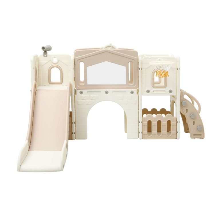 keezi kids slide set toddler indoor playset with drawing board beige Children's beige plastic playset with slide and hoop