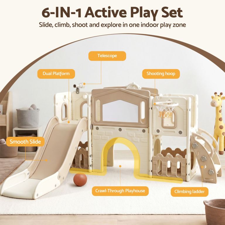 keezi kids slide set toddler indoor playset with drawing board beige 6-in-1 indoor toddler play set with slide