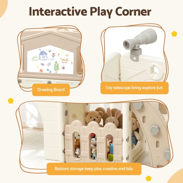 keezi kids slide set toddler indoor playset with drawing board beige Kids play corner with drawing board and telescope