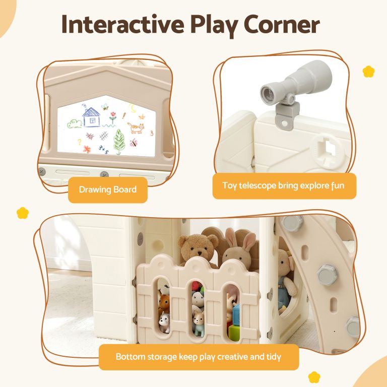 keezi kids slide set toddler indoor playset with drawing board beige Kids play corner with drawing board and telescope