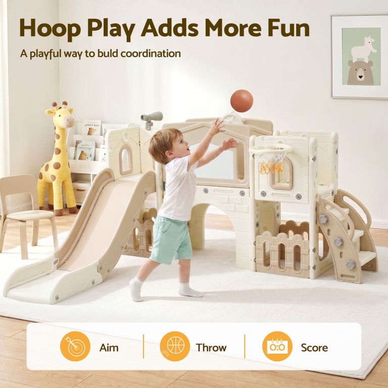keezi kids slide set toddler indoor playset with drawing board beige Toddler playing basketball on indoor playset
