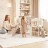 keezi kids slide set toddler indoor playset with drawing board beige Mother watching toddler play on indoor slide set