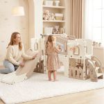 keezi kids slide set toddler indoor playset with drawing board beige Mother watching toddler play on indoor slide set