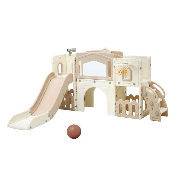 keezi kids slide set toddler indoor playset with drawing board beige Beige kids play centre with slide and hoop