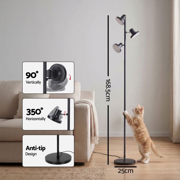 artiss led tree floor lamp, 36w modern dimmable standing lamp with remote & touch control, 4 color temperatures, 3 rotatable led light floor lamps for living room, bedroom, office Adjustable black floor lamp with cat beside it