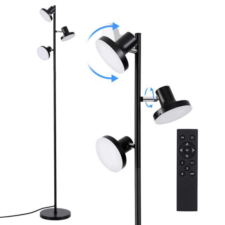 Black adjustable three-head floor lamp with remote