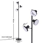 Black three-head floor lamp with dimensions shown