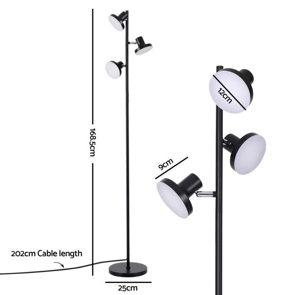 Black three-head floor lamp with dimensions shown
