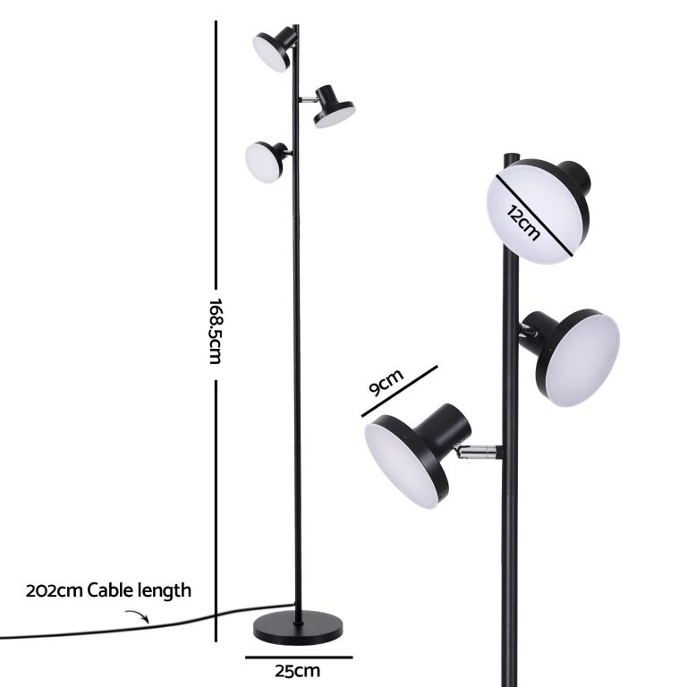 Black three-head floor lamp with dimensions shown