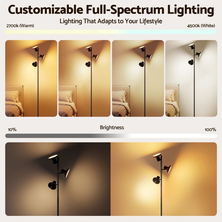 Adjustable floor lamp showing warm to cool lighting
