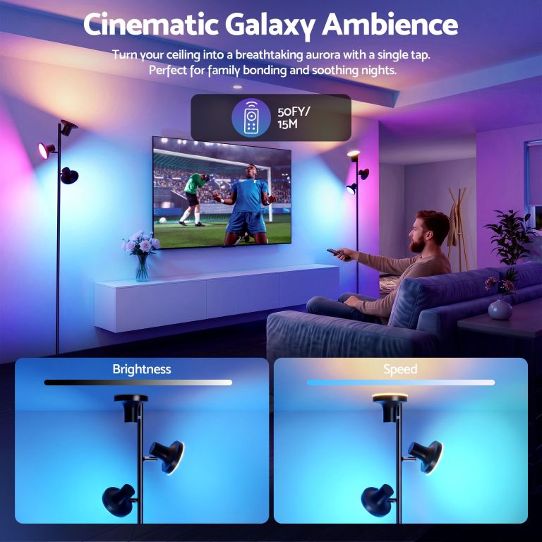 Living room with colourful galaxy ambient lighting