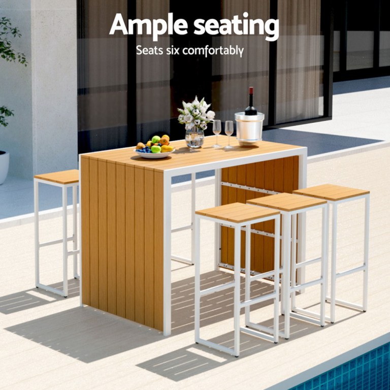 gardeon 7 piece outdoor bar set table chairs patio bistro set 6 seater Outdoor bar table with six stools by pool