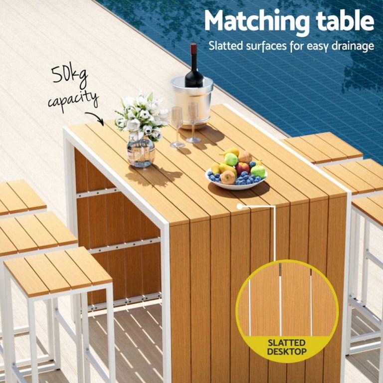 gardeon 7 piece outdoor bar set table chairs patio bistro set 6 seater Outdoor slatted timber bar table by pool