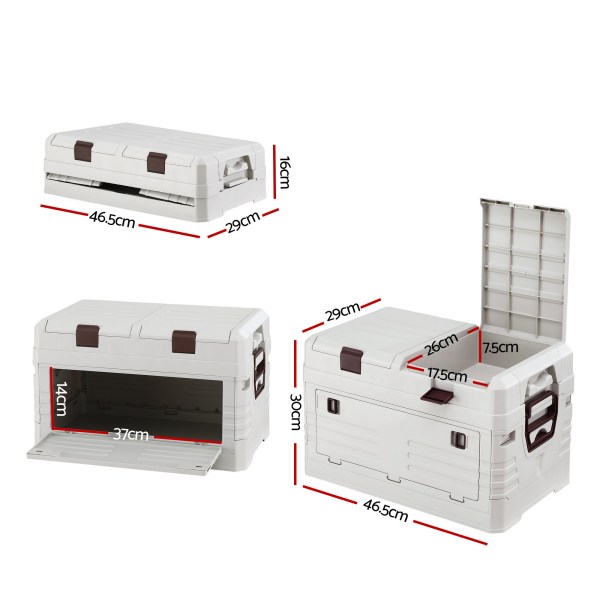 Foldable plastic storage box with dimensions labelled