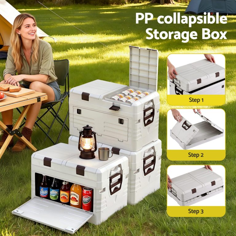 gardeon 40l outdoor storage box foldable camping collapsible bins organizer Collapsible storage boxes stacked at campsite