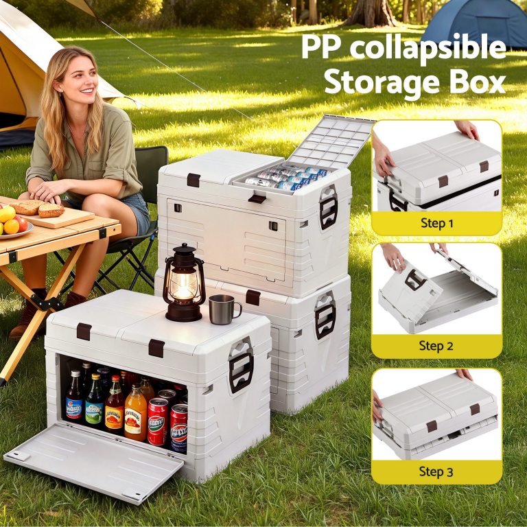 gardeon 80l outdoor storage box foldable camping collapsible bins organizer Collapsible storage boxes at campsite picnic setup