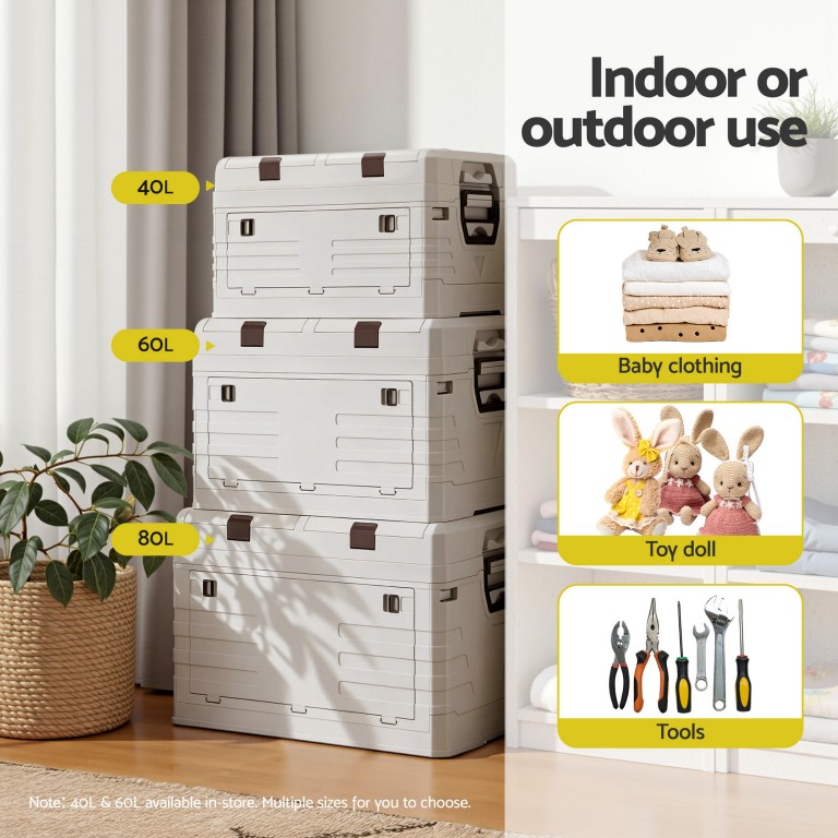 gardeon 80l outdoor storage box foldable camping collapsible bins organizer Stacked plastic storage boxes in multiple sizes indoors