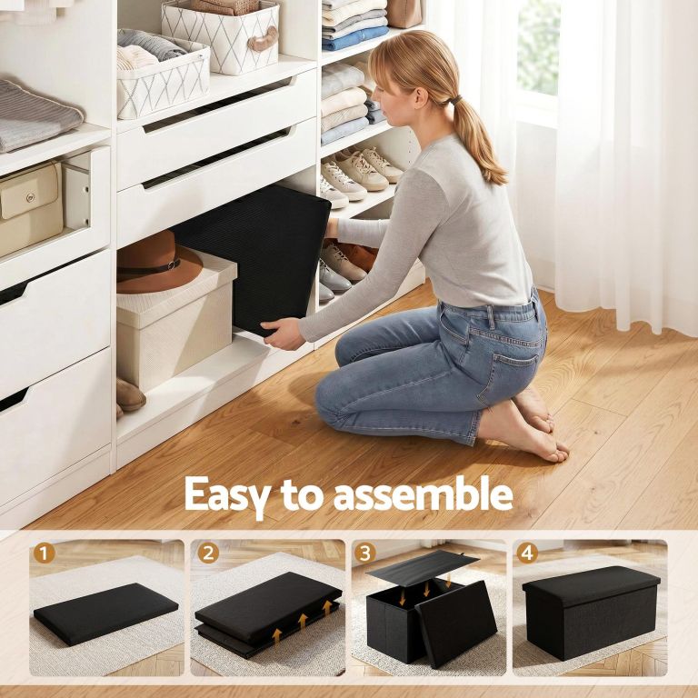 artiss storage ottoman bench folding blanket box toy organiser foot stool black Woman assembling black foldable storage ottoman in closet