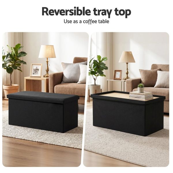 artiss storage ottoman bench folding blanket box toy organiser foot stool black Black storage ottoman with reversible tray top