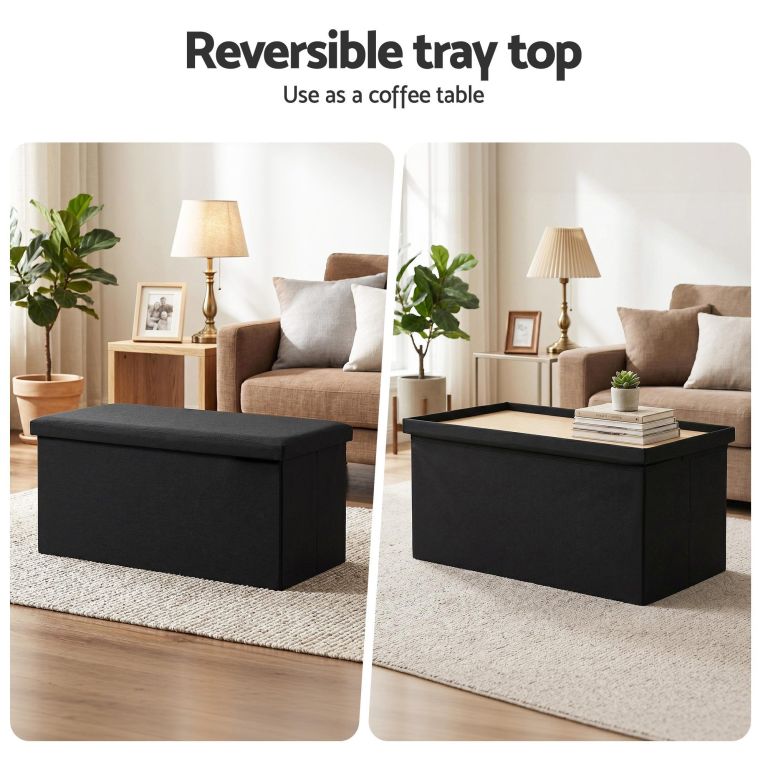 artiss storage ottoman bench folding blanket box toy organiser foot stool black Black storage ottoman with reversible tray top