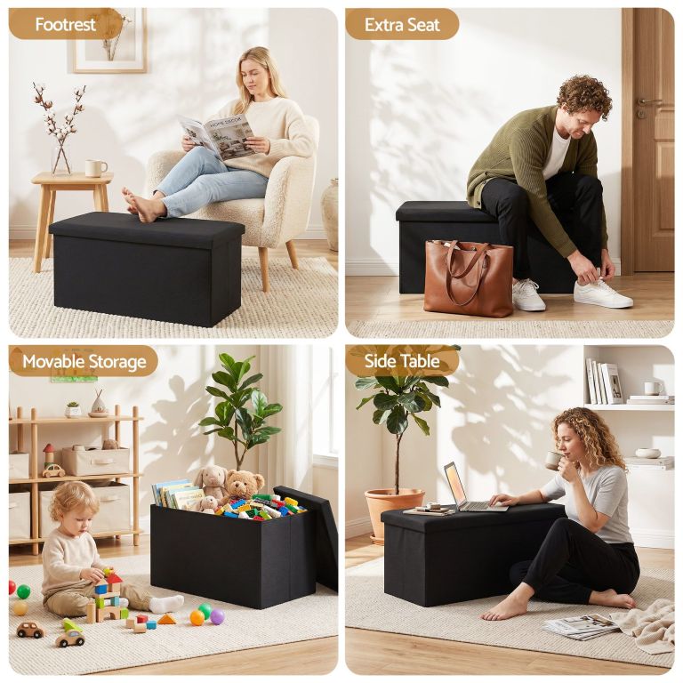 artiss storage ottoman bench folding blanket box toy organiser foot stool black Black storage ottoman used in living room