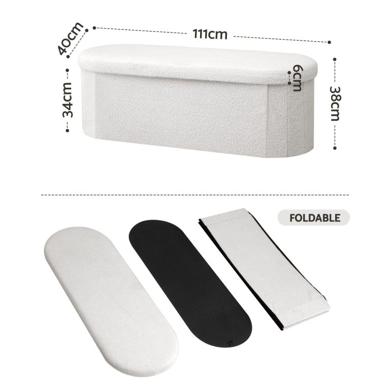 artiss storage ottoman foot stool rest boucle fabric foldable white Cream boucle foldable bench with dimensions labelled