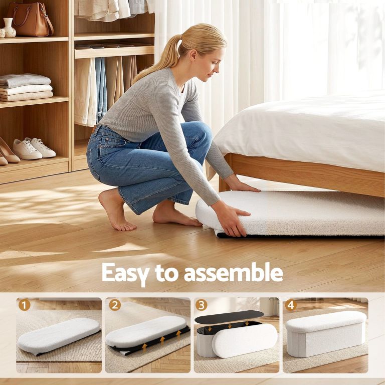 artiss storage ottoman foot stool rest boucle fabric foldable white Woman assembling upholstered storage bench in bedroom