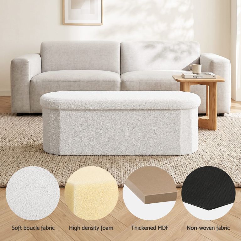 artiss storage ottoman foot stool rest boucle fabric foldable white Boucle ottoman in minimalist living room setting
