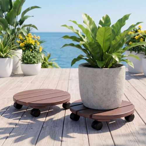 Potted plants on wheeled stands overlooking ocean