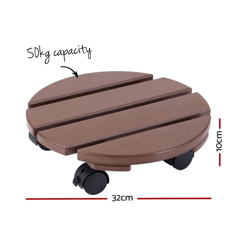 gardeon 2pc plant carts hdpe plant caddy with lockable wheels rolling brown Round plant pot trolley with wheels