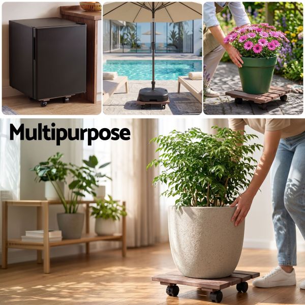 gardeon 2pc plant carts hdpe plant caddy with lockable wheels rolling brown Multipurpose wheeled plant and appliance caddy