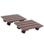 Wooden plant caddies with black caster wheels