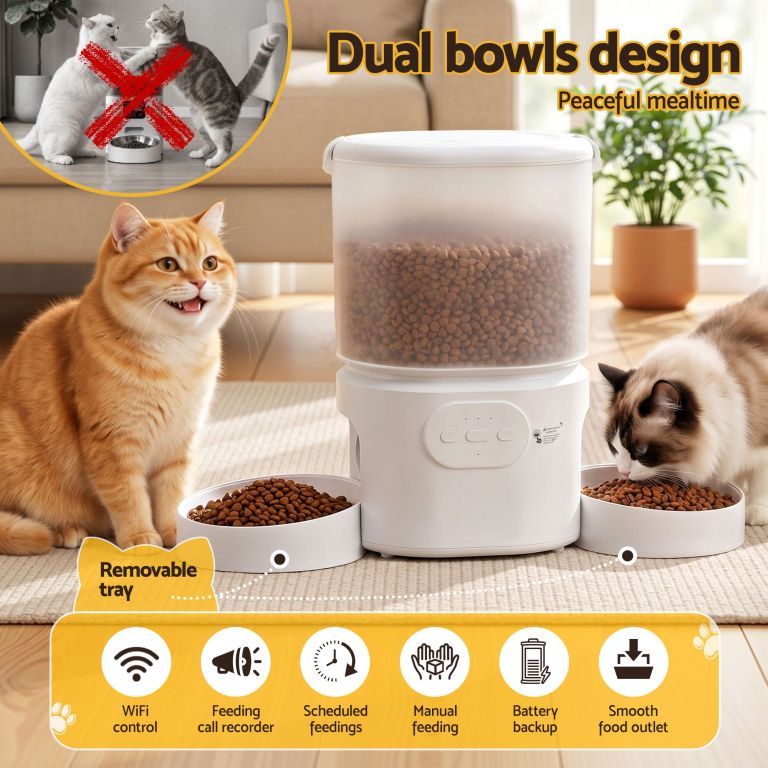 i.pet 5l automatic pet feeder dual bowl smart dispenser app control cats dogs Dual-bowl automatic cat feeder with two cats