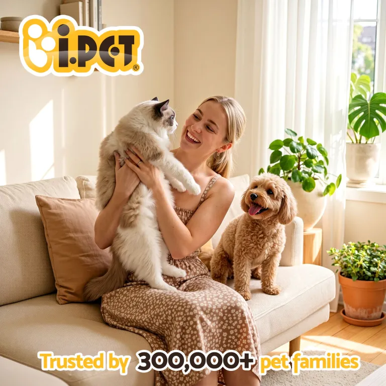 i.pet 5l automatic pet feeder dual bowl smart dispenser app control cats dogs Woman holding cat with dog on sofa