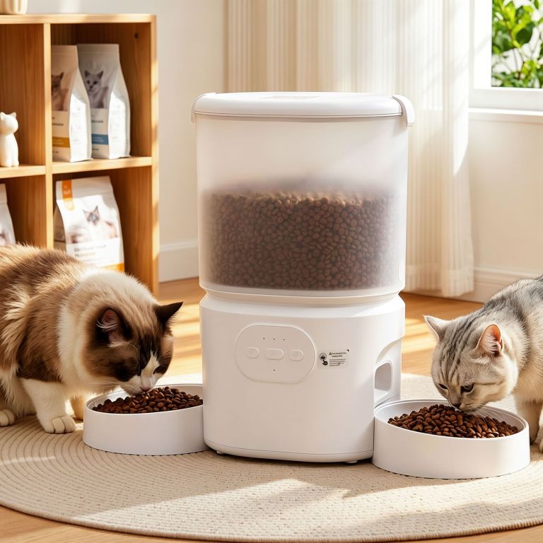 i.pet 5l automatic pet feeder dual bowl smart dispenser app control cats dogs Two cats eating from automatic feeder indoors