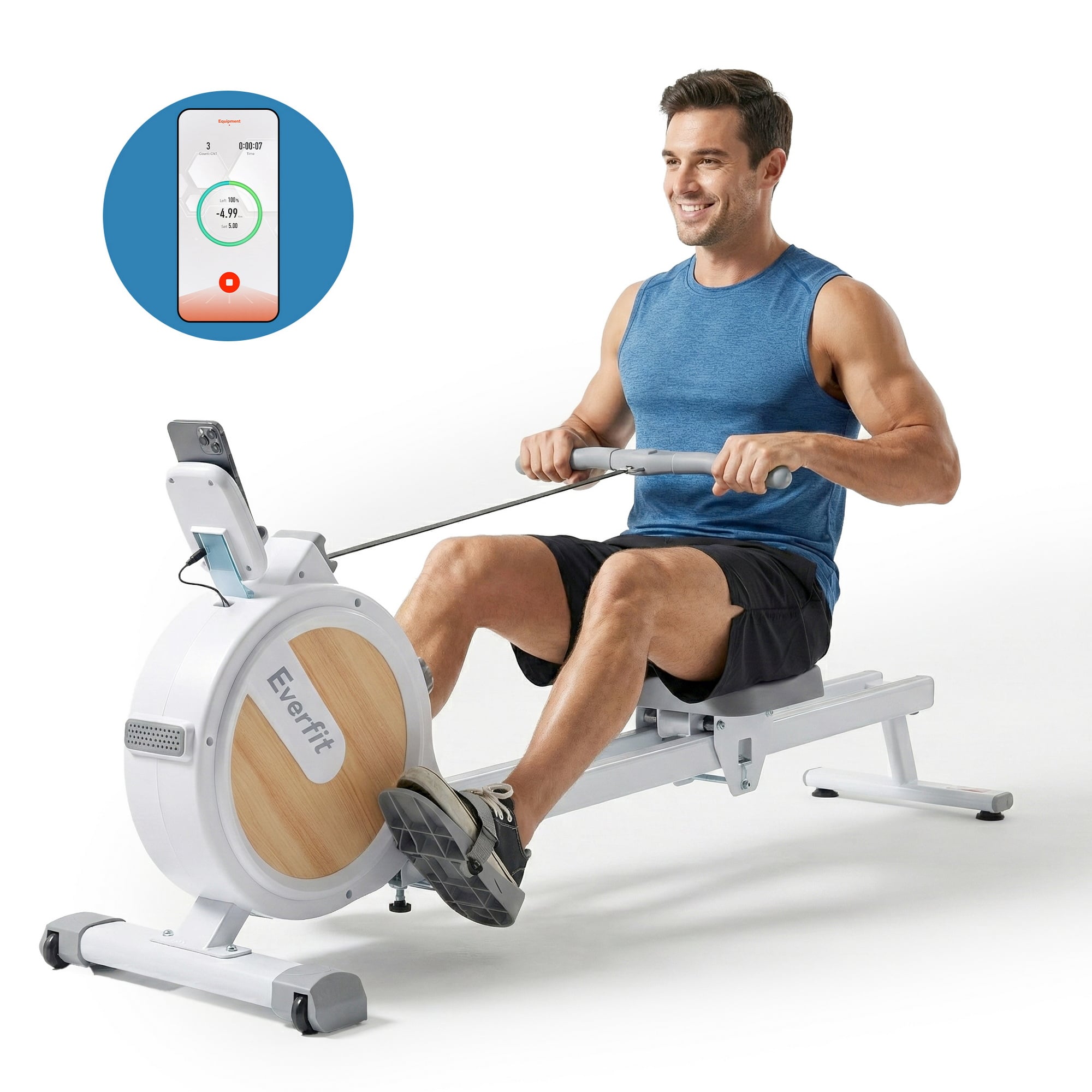 Man using smart rowing machine at home