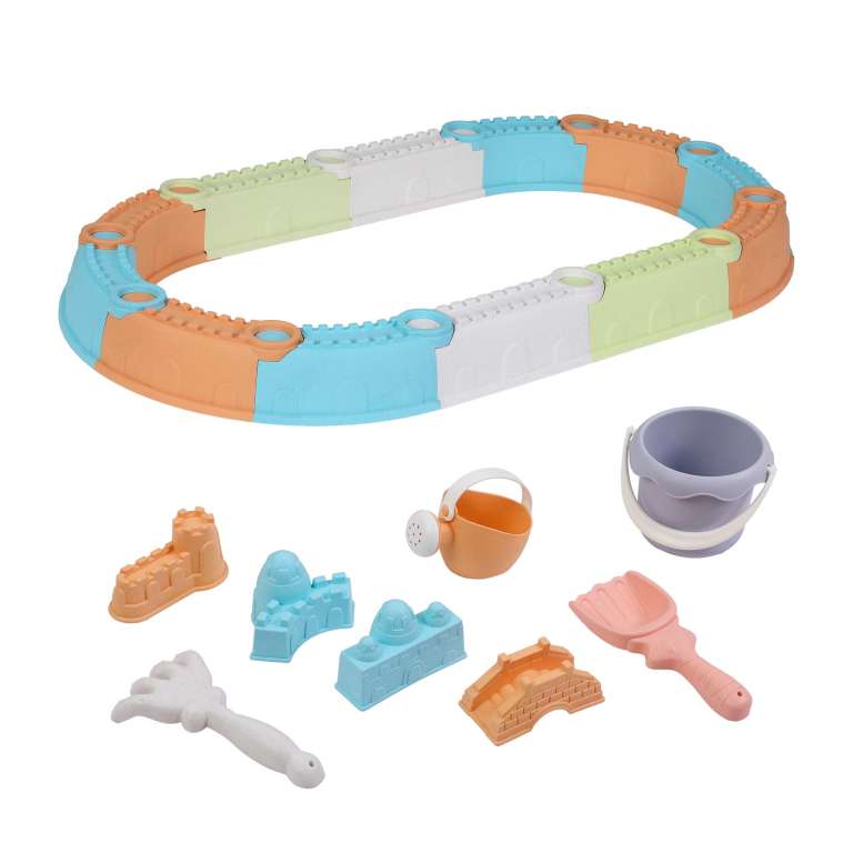 Pastel sandcastle moulds and circular sandbox wall set