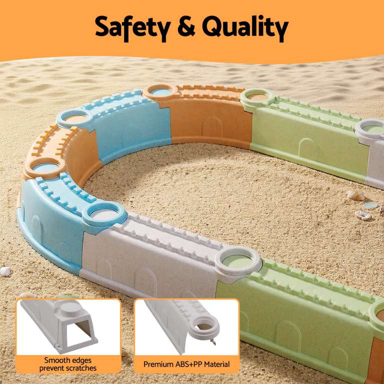 Colourful modular sandpit border with safety features