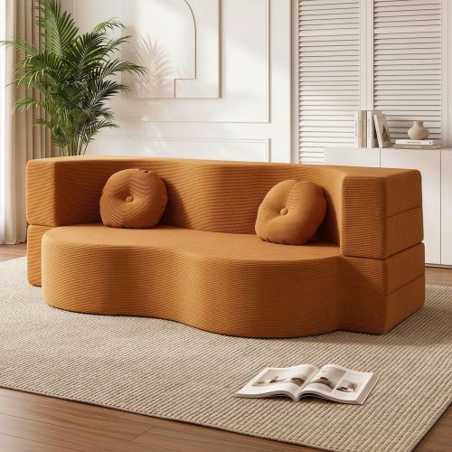 Modern burnt orange sofa in minimalist living room