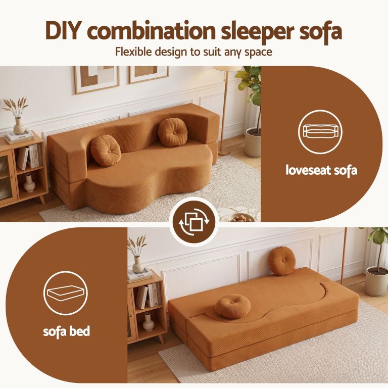 artiss folding sofa bed floor couch 2 in 1 convertible futon loveseat orange Modular brown loveseat transforming into sofa bed