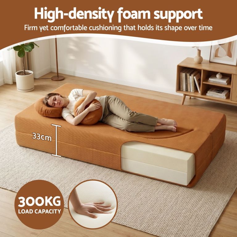 artiss folding sofa bed floor couch 2 in 1 convertible futon loveseat orange Woman resting on high-density foam mattress