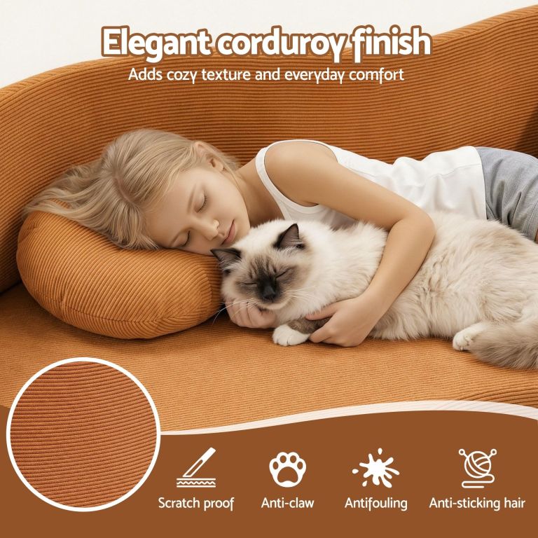 artiss folding sofa bed floor couch 2 in 1 convertible futon loveseat orange Child cuddling cat on orange corduroy sofa
